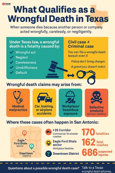 What qualifies as a wrongful death in texas. Infographic titled “What Qualifies as a Wrongful Death in Texas.” Lists causes like negligence, malpractice, and defective products. Highlights medical, car, and workplace incidents. Includes San Antonio stats and shows when to contact a Wrongful Death Attorney.