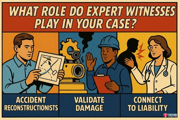 What role do expert witnesses play in your case. Three illustrated panels beneath the question “What role do expert witnesses play in your case?” showcase a San Antonio Work Accident Lawyer: a man with diagrams, “Accident Reconstructionists”; machinery labeled “Validate Damage”; and a doctor with figures, “Connect to Liability.”.