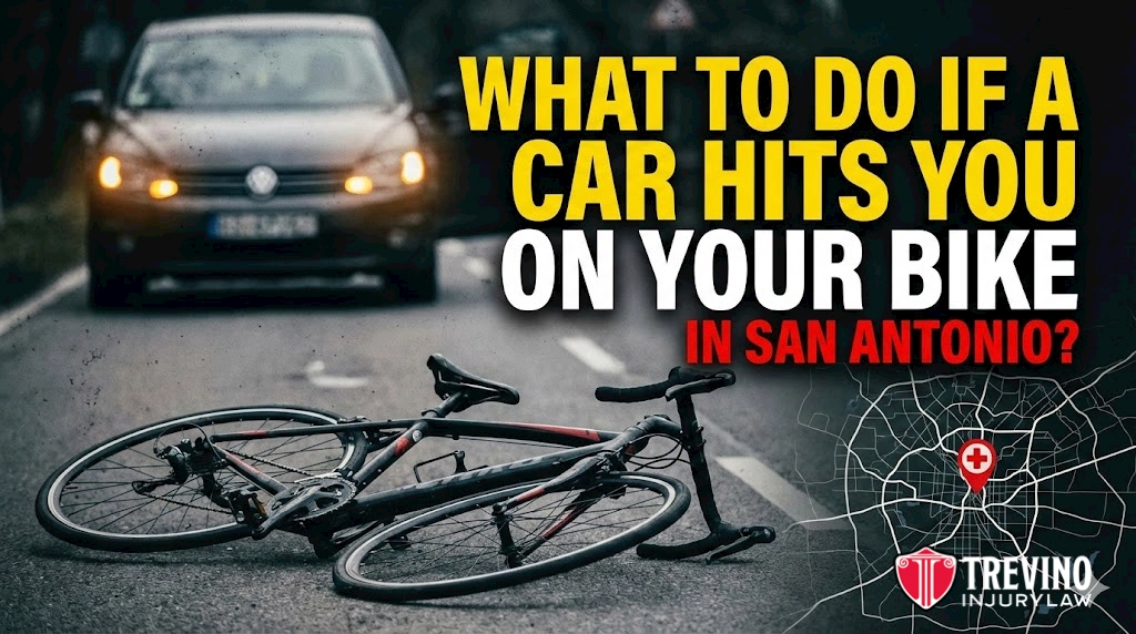 What-to-Do-If-a-Car-Hits-You-on-Your-Bike-in-San-Antonio. A damaged bicycle lies on its side in the street after a bike accident San Antonio, with a car stopped behind it. Large yellow and white text reads, “What to do if a car hits you on your bike in San Antonio?” with legal icons and Trevino Injury Law logo.