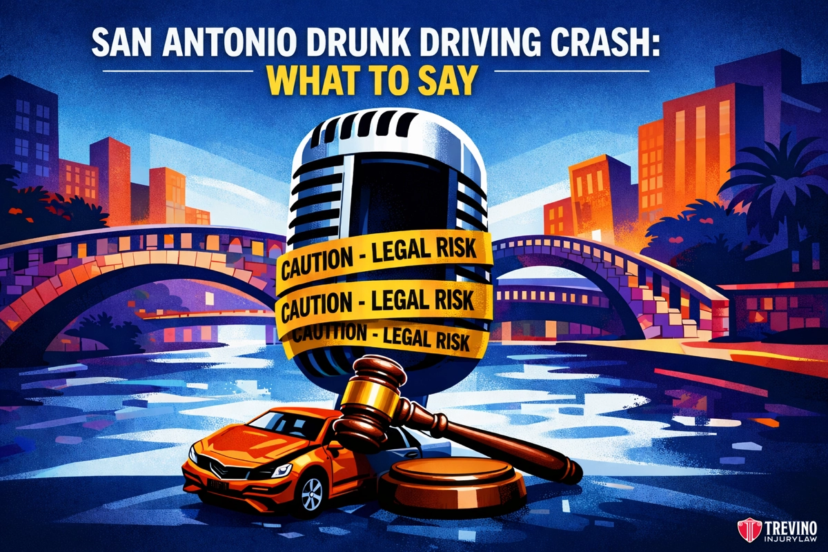 What to say to the police after a drunk driving accident. A graphic shows a car and gavel in front of a large microphone wrapped with “Caution – Legal Risk” tape. Behind them, a colorful cityscape with bridges and water appears. Text reads, “San Antonio Drunk Driving Crash: What to Say.” Trevino Injury Law logo is visible.