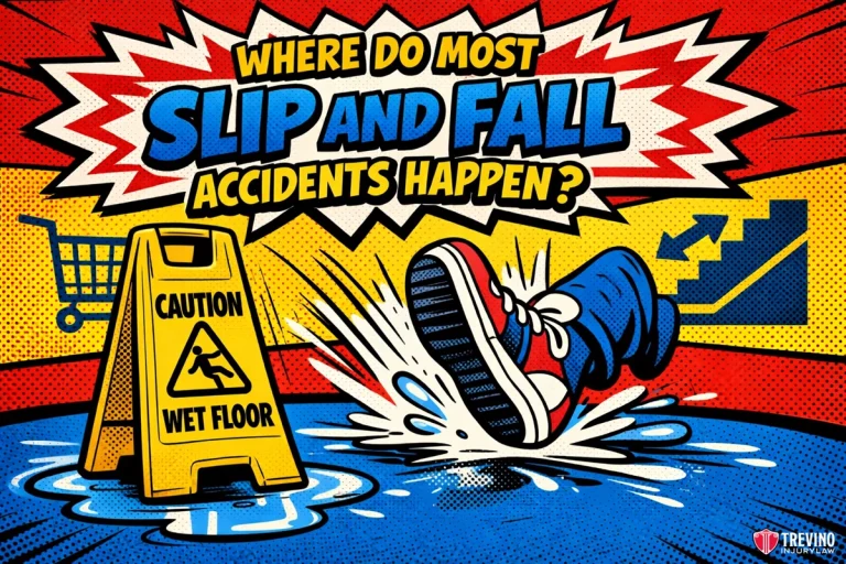 Where do most slip and fall accidents happen. Comic-style image shows a person slipping on a wet floor, with their feet in red sneakers in the air. A yellow “Caution Wet Floor” sign stands nearby. Background has a blue puddle, shopping cart, and stairs. Text asks, “Where do most slip and fall accidents happen?”.