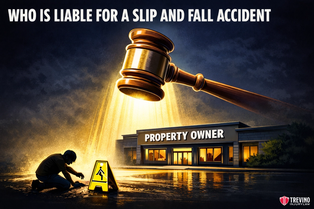 Who is liable for a slip and fall-accident. A large gavel hovers over a building labeled "Property Owner," illuminated dramatically. A person kneels in pain near a wet floor sign. Text above reads, "Who is liable for a slip and fall accident?" Logo: Trevino Injury Law in the bottom right corner.