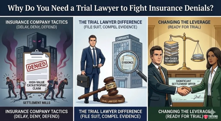 Trial Lawyer to Fight Insurance Denials. Three illustrated panels show a San Antonio Catastrophic Injury Lawyer: 1) a claim labeled “DENIED”; 2) presenting evidence against corporate opponents; 3) celebrating a large settlement as files approach “verdict.” Text explains lawyers change tactics and leverage.