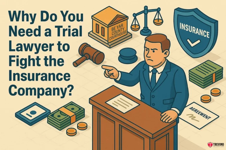 Why do you need a trial lawyer to  fight the insurance company.Illustration with a lawyer pointing while standing at a podium. Nearby are icons: courthouse, gavel, scales, insurance shield, contract labeled “AGREEMENT,” and stacks of money. Text: “Why Do You Need a San Antonio Work Accident Lawyer to Fight the Insurance Company?”.
