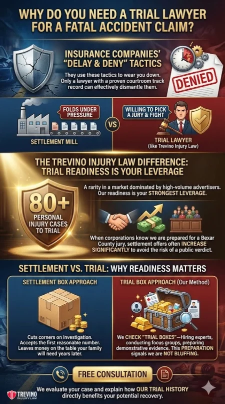 Why do you need a trial lawyer wrongful death. Infographic with bold yellow text: “Why do you need a wrongful death lawyer for a fatal accident claim?” Compares insurance tactics vs. trial lawyers in San Antonio, stresses “trial readiness” as leverage, and highlights free consultation at bottom.