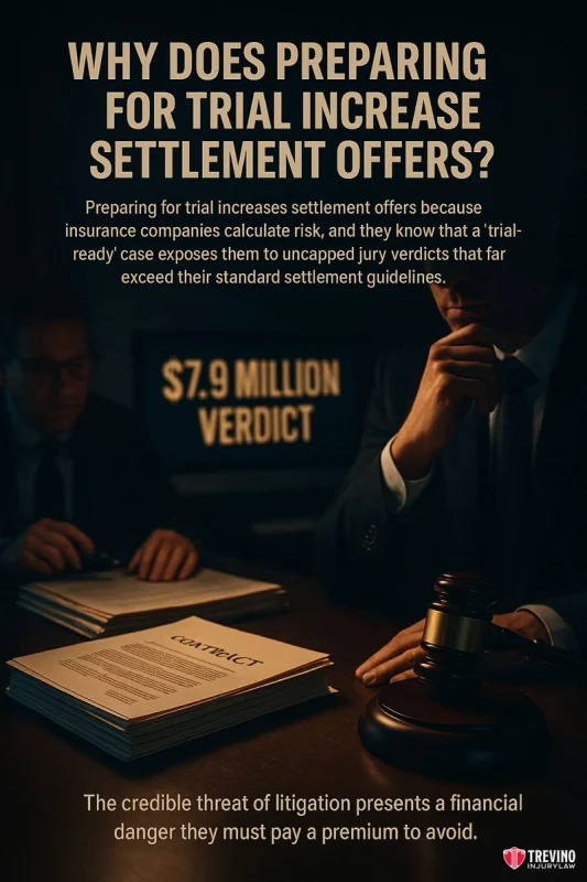Why Does Preparing for Trial Increase Settlement Offers?. A dark office scene shows two men in suits, one holding a pen near a contract. In the foreground are legal documents and a gavel—hinting at a San Antonio work injury case. Text highlights a $7.9 million verdict and the value of trial readiness.