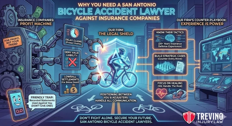 CWhy-you-need-a-san-antonio-bicycle-accident-lawyer. Colorful infographic shows a cyclist in a blue shield, surrounded by legal icons. Left: “Insurance Companies” depicted as a robot with dollar bills, denying and delaying claims. Right: Lawyer icons with experience, healing focus, and case-building notes. Trevino Injury Law logo.