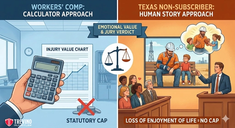 Workers comp vs Non subscriber. A split image contrasts “Workers’ Comp: Calculator Approach”—with work accident compensation caps—against “Texas Non-Subscriber: Human Story Approach,” highlighting a worker’s chance to recover compensation for loss of enjoyment of life, with no cap.