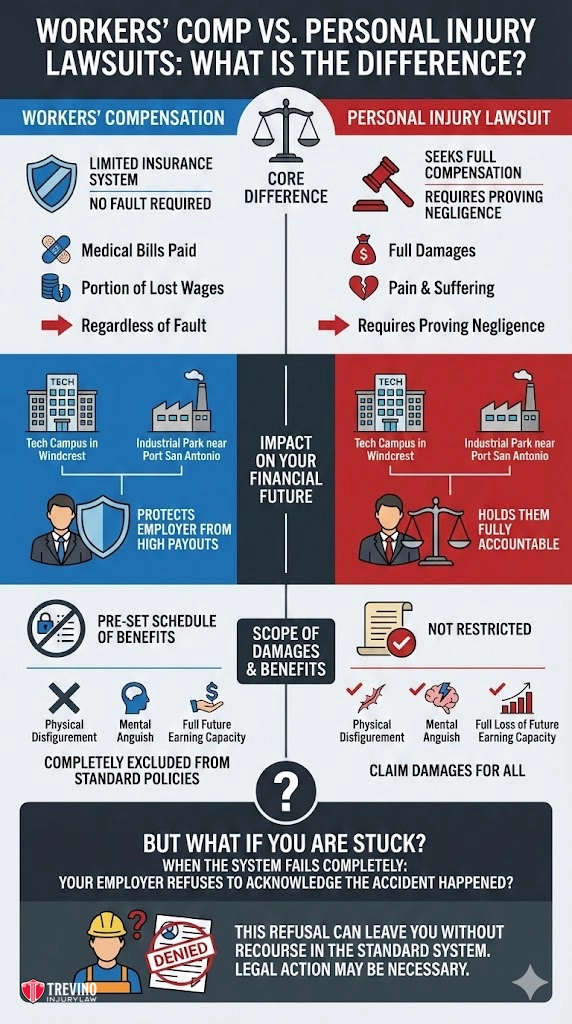 Workers comp vs personal injury lawsuits.Infographic compares workers’ compensation and personal injury lawsuits with icons and text. A San Antonio Work Accident Lawyer explains differences in financial impact, scope of damages, legal processes, and the role of negligence in each case.