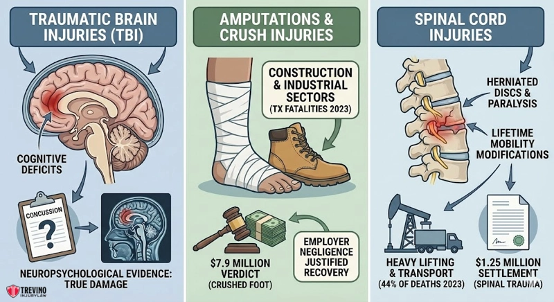 Workplace Injuries. An infographic shows three panels on work injuries in Texas: Traumatic Brain Injuries (TBI) with a brain icon; Amputations/Crush Injuries with a bandaged leg, boot, money, and non-subscriber lawsuits; Spinal Cord Injuries with a spine illustration.
