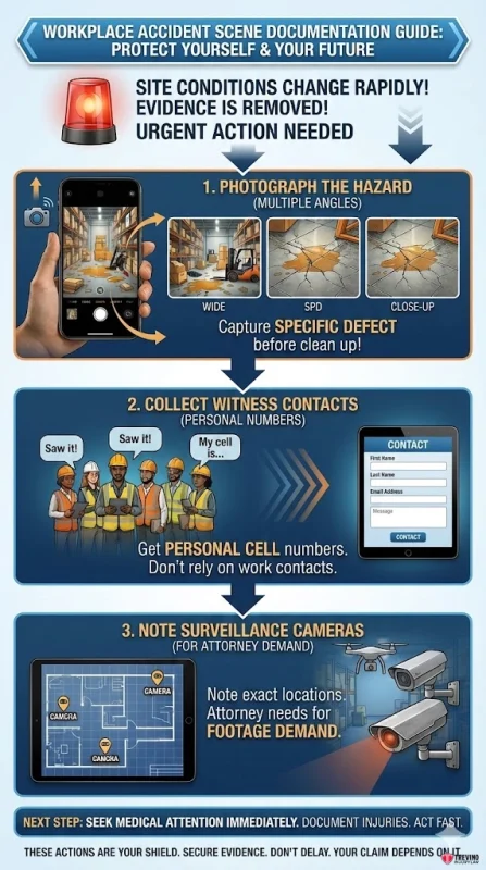 Workplace accident scene documentation guide.Infographic on documenting a work accident San Antonio: Step 1—Photograph the hazard from multiple angles. Step 2—Collect witness contacts and cell numbers. Step 3—Note camera locations. Remember to seek medical care after a work accident.