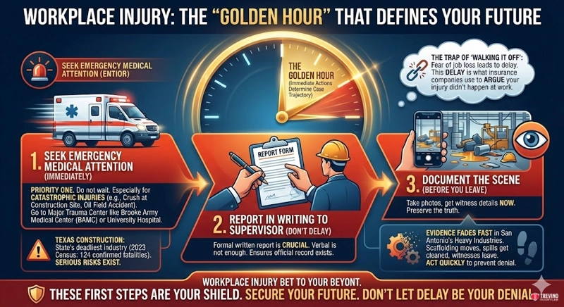 Workplace injury the golden hour. Infographic on workplace injury San Antonio: outlines three work accident steps—seek emergency care, report to supervisor, and document the scene. Features icons and highlights acting within the "golden hour" to prevent delays after a work accident.