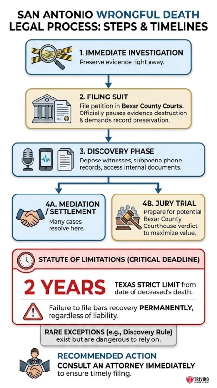 Wrongful death legal process.Infographic detailing the San Antonio wrongful death legal process: investigation, filing suit, discovery, mediation/settlement or jury trial, and a two-year Texas statute of limitations. Stresses consulting a San Antonio Wrongful Death Lawyer promptly. Illustrated with icons.