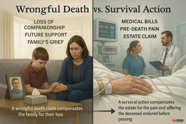 Wrongful death vs survival action. A split image compares wrongful death and survival action claims. Left: a grieving family with a framed photo, labeled “Loss of companionship, future support, family’s grief.” Right: a patient’s hand in a hospital bed—contact a San Antonio Wrongful Death Attorney for guidance.