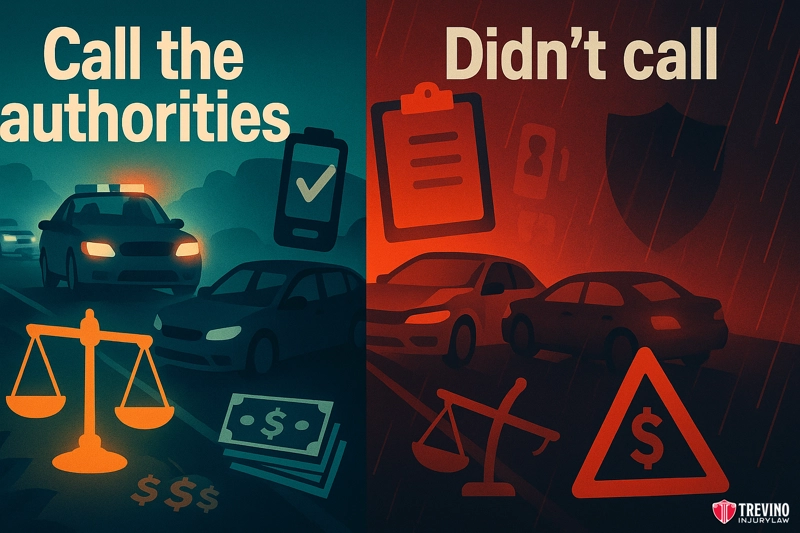 What happens if I don't call the police after a drunk driving accident?. A split image contrasts “Call the authorities” in a San Antonio drunk driving accident on the left—with police cars, a clipboard, scales, and money—versus “Didn’t call” on the right with shadowy cars and rain, highlighting what to do after an incident.
