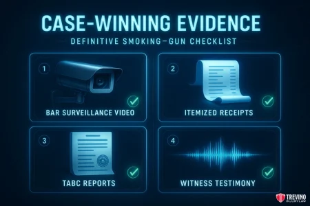 What evidence is needed to prove "obvious intoxication"? A digital checklist titled “Case-Winning Evidence” displays four items: bar surveillance video, itemized receipts, TABC reports, and witness testimony—key tools for a San Antonio Dram Shop Lawyer. The Trevino Injury Law logo appears in the bottom right corner.