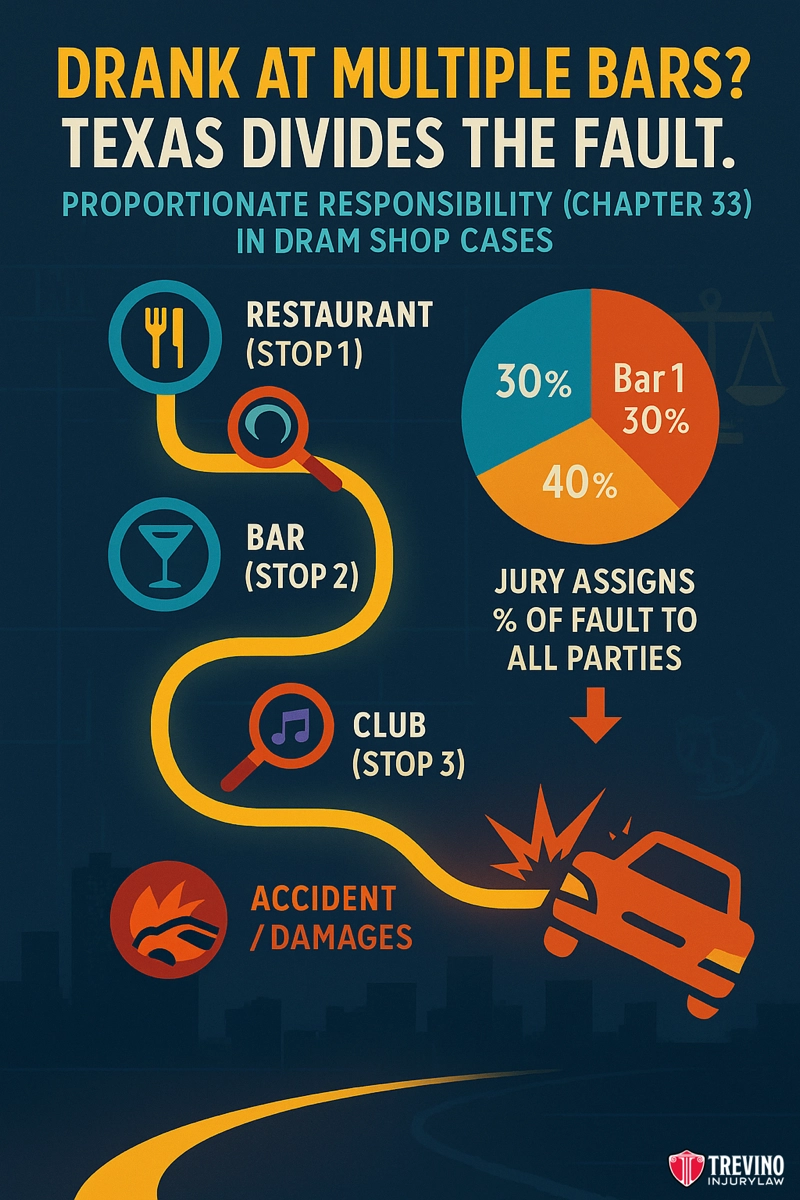 Drank at multiple bars. Infographic depicts a San Antonio car crash after visits to a restaurant, bar, and club. Pie chart shows bar liability: Bar 1 – 30%, Bar 2 – 40%, Bar 3 – 30%. Text explains Texas splits fault in dram shop cases involving an intoxicated patron.