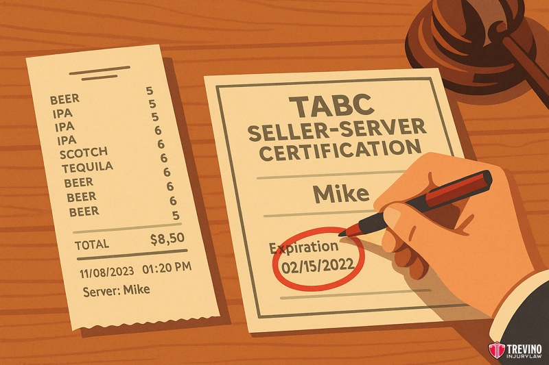 Using Training Records to Verify if Staff Was Properly TABC Certified. A hand circles the expired "02/15/2022" date on a TABC Seller-Server Certification for "Mike" in San Antonio. Nearby, a bar receipt totals $8.50 for drinks served by Mike. A gavel hints at a defeat of TABC Safe Harbor Defense in the background.