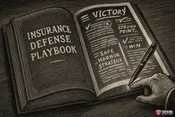 How Our Law Firm Uses Depositions to Invalidate Safe Harbor Training. An open book titled "Insurance Defense Playbook" shows a hand holding a pen, pointing to pages labeled "Victory," "Strong Point," "TABC Safe Harbor Strategy," and "Win," with checkmarks by each; the pages are drawn in a dramatic, engraved style.