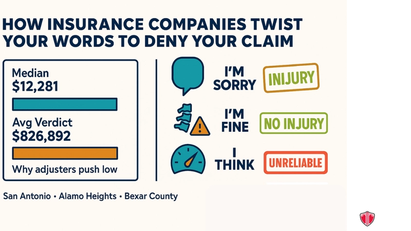 How Insurance Companies Twist Your Words to Deny Your Claim. Infographic titled "How Insurance Companies Twist Your Words to Deny Your Claim." Highlights median payout ($12,281) vs. average verdict ($826,892), with icons and phrases, focusing on claims after a San Antonio drunk driving crash or at-fault driver incident.