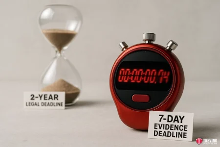 How Long Do You Have to File a Dram Shop Lawsuit in Texas?. A red digital stopwatch displays all zeros next to a sign reading "7-DAY EVIDENCE DEADLINE." Beside it, an hourglass stands behind a card labeled "2-YEAR LEGAL DEADLINE," illustrating key time limits your San Antonio Dram Shop Lawyer can help navigate.