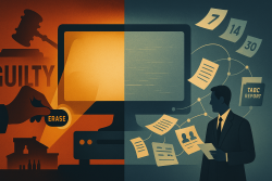 What Happens if the Bar Erased the Surveillance Video?. A split image: left side in orange shows a hand pressing “ERASE” near a “GUILTY” sign, gavel, and courthouse; right side in blue depicts a man with documents, a report, and calendar dates around a large computer screen. The scene symbolizes digital record handling.