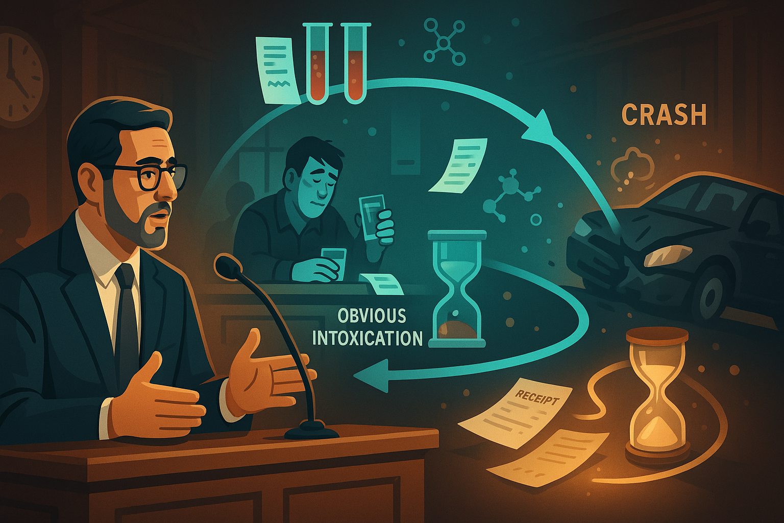 How is Expert Witness Testimony About Impairment Used in Court?. A lawyer in court gestures while explaining a timeline showing a man drinking, test tubes, and documents leading to a car crash. Arrows connect “obvious intoxication,” receipts, an hourglass, and chemical symbols, illustrating alcohol’s role in the incident.