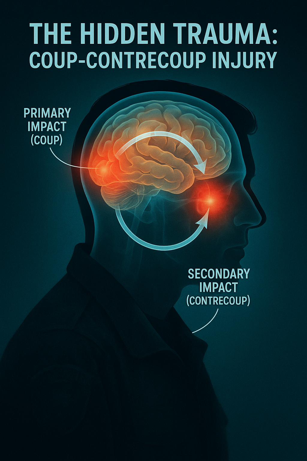 How Do Slip and Fall Accidents Cause Traumatic Brain Injuries (TBIs)?. A diagram of a human head shows the brain with arrows indicating “Primary Impact (Coup)” at the front and “Secondary Impact (Contrecoup)” at the back, illustrating coup-contrecoup injury. The title reads: "The Hidden Trauma: Coup-Contrecoup Injury.