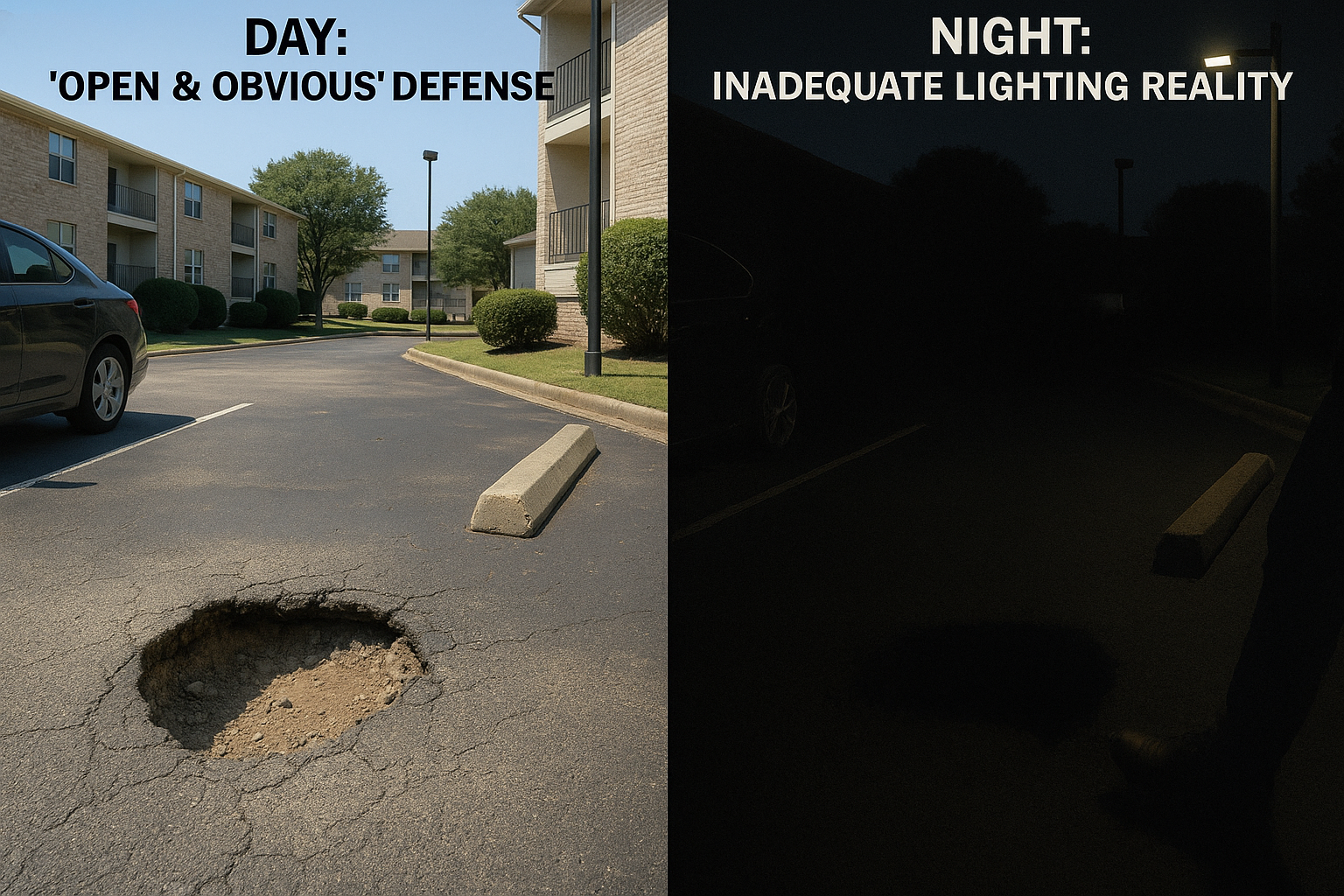 How Do Parking Lot Defects Lead to Lawsuits?. Split image: Left side shows a large pothole in a sunny apartment parking lot with the label "DAY: 'OPEN & OBVIOUS' DEFENSE." Right side, same scene at night, is poorly lit with the pothole barely visible, labeled "NIGHT: INADEQUATE LIGHTING REALITY.