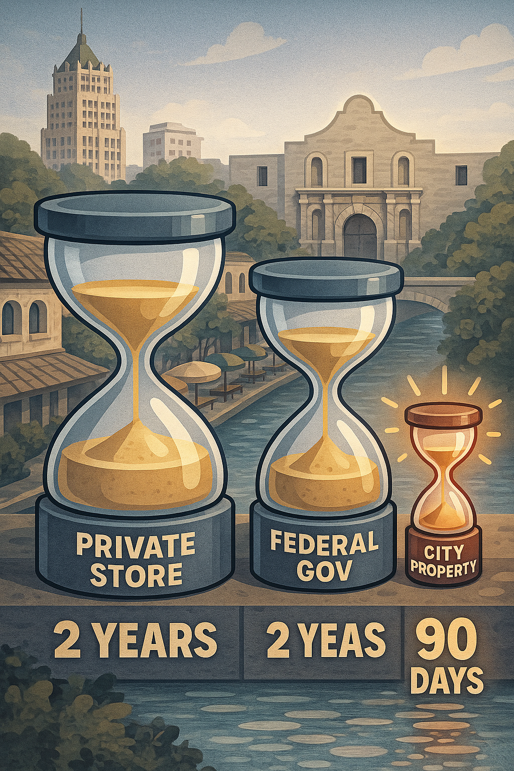 Does the Location of the Fall Change the Time You Have to Sue?. An illustrated scene of a riverwalk features three hourglasses labeled “Private Store” (2 years), “Federal Gov” (2 years), and “City Property” (90 days), showing decreasing sizes and sand amounts, suggesting different time limits.
