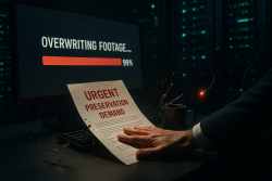 The "Preservation Race": Securing Digital & Physical Evidence. A hand urgently places a document titled "URGENT PRESERVATION DEMAND" on a desk as coffee spills. In the background, a computer screen shows footage being overwritten at 99% progress, surrounded by dimly lit servers, creating a tense atmosphere.