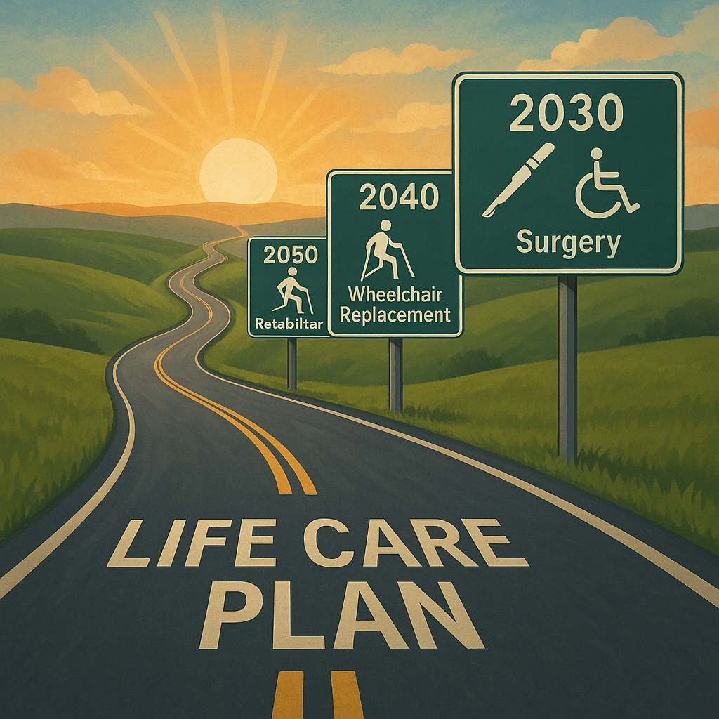 How Do We Calculate Future Costs for Injury Victims in San Antonio? The Life Care Plan. A winding road labeled "Life Care Plan" leads toward a sunrise. Along the road, green signs mark future years: "2030 Surgery," "2040 Wheelchair Replacement," and "2050 Retabitar," each with relevant icons and accessible imagery, set in green hills.