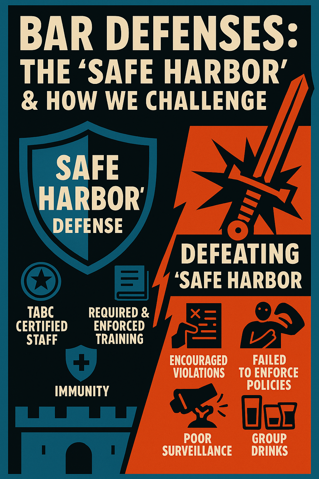 What Are Common Bar Defenses Against Claims of Overserving?. Infographic titled "Bar Defenses: The 'Safe Harbor' & How We Challenge." It shows a shield labeled "Safe Harbor Defense" with icons for TABC certified staff, required training, and immunity. Opposite, icons and text list ways to defeat "Safe Harbor.