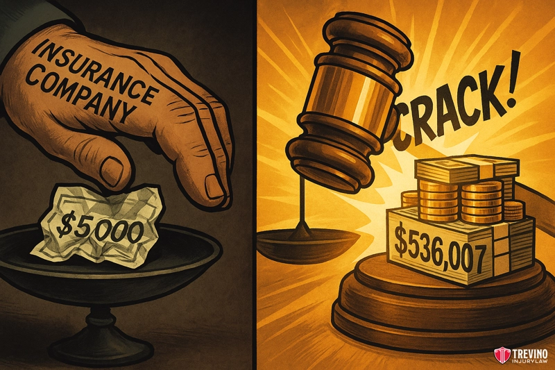 Case Results: How We Turned a $5,000 "Nuisance" Offer into a $536,007 Jury Verdict. A large hand labeled "INSURANCE COMPANY" offers a crumpled paper reading "$5000" on a scale. Next, a judge's gavel smashes down near neatly stacked money labeled "$536,007"—a dramatic scene from Trevino Injury Law in San Antonio, focusing on what to do after a drunk driving accident.