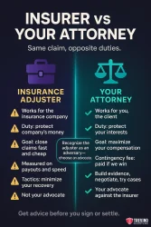 What is the Difference Between an Adjuster and a Personal Injury Attorney?. A split infographic compares insurance adjusters and attorneys after a drunk driving accident. The left (orange) shows adjuster duties: works for insurer, minimizes payouts. The right (green) highlights attorneys: work for you, maximize your accident claim in San Antonio.
