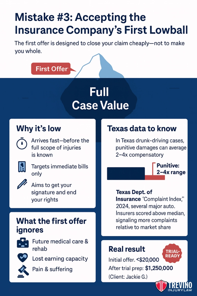 Mistake #3: Accepting the First Settlement Offer from an Insurer. Infographic titled “Mistake #3: Accepting the Insurance Company’s First Lowball.” It highlights common accident claim mistakes, explains why first offers devalue claims, ignore key factors, and compares a $20,000 offer to a $1,150,000 San Antonio drunk driving accident verdict.