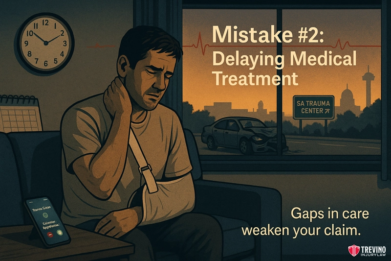 Mistake #2: Delaying Medical Treatment After Your Car Accident. A man with an arm sling sits on a couch at night, looking worried. Through the window, a crashed car and hospital sign are visible—a reminder that critical mistakes like delaying care can weaken your accident claim after a San Antonio drunk driving accident.
