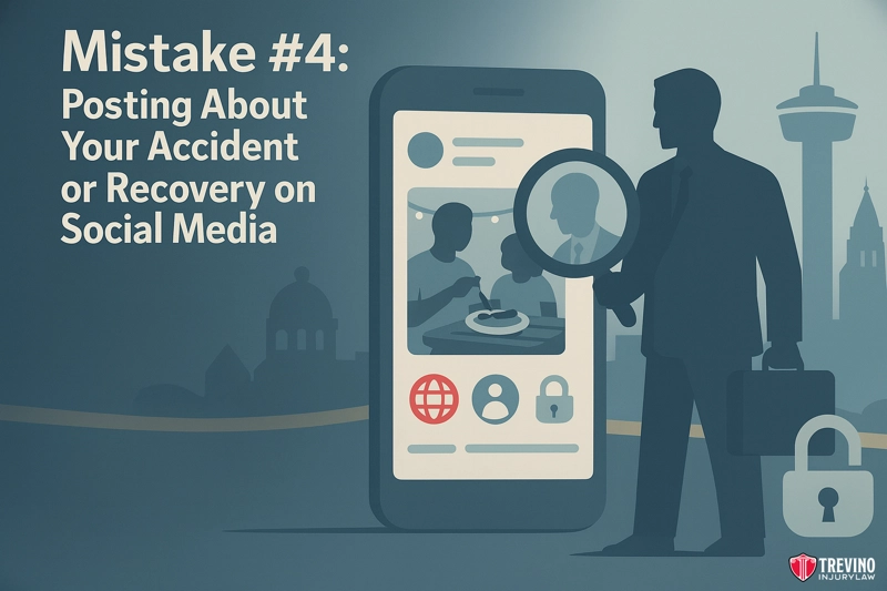 Mistake #4: Posting on Social Media About Your Personal Injury Case. A graphic shows "Mistake #4: Posting About Your Accident or Recovery on Social Media." A silhouette examines a phone displaying an image, highlighting how sharing details can impact your San Antonio accident claim. Trevino Injury Law logo is at bottom right.