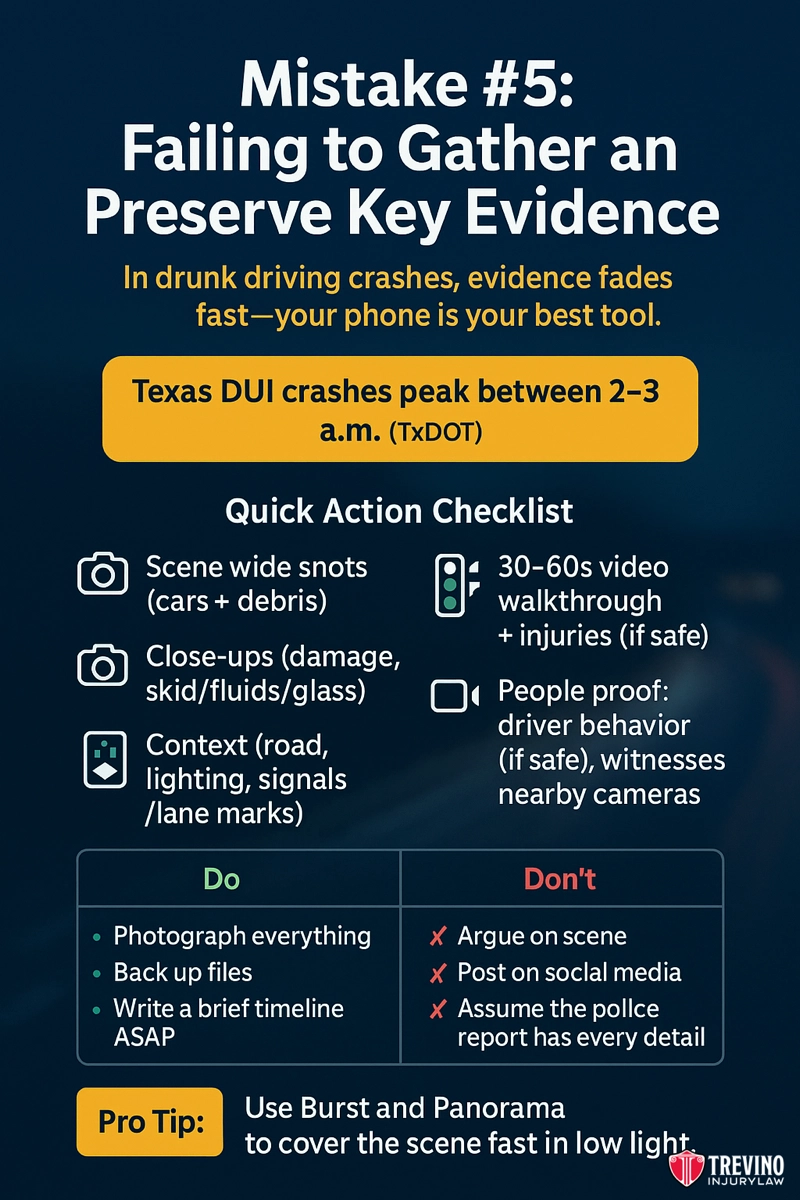 Mistake #5: Failing in Gathering Evidence for Your Accident Claim. Infographic titled "Mistake #5: Failing to Gather and Preserve Key Evidence" with San Antonio DUI crash facts, a yellow highlight on crash peak hours, an action checklist, and tips for documenting and sharing evidence for your claim after an accident.