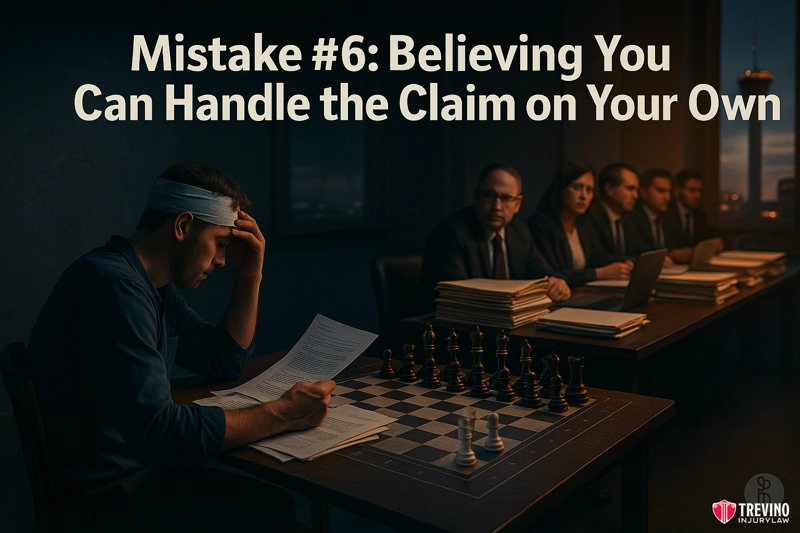 Mistake #6: Handling Your Car Accident Claim Without Legal Help. A stressed man sits at a table with paperwork, a chessboard, and his head in his hands after a San Antonio drunk driving accident claim. Four serious professionals with laptops face him. Text above reads: "Mistake #6: Believing You Can Handle the Claim on Your Own.
