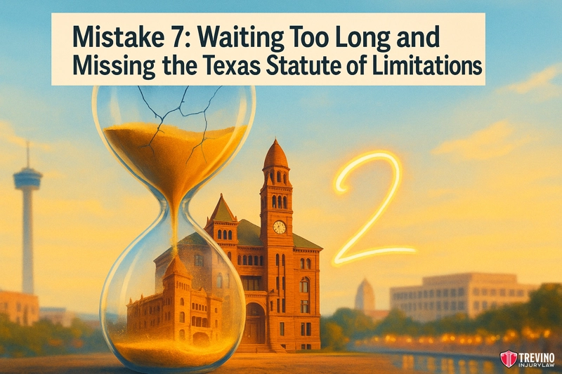 Mistake #7: Waiting Too Long to File Your Personal Injury Claim. A graphic shows a cracked hourglass in front of San Antonio’s historic courthouse and skyline. Text reads, “Mistake 7: Waiting Too Long and Missing the Texas Statute of Limitations on your accident claim.” Trevino Injury Law logo bottom right.