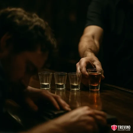 What is the "Obvious Intoxication" Standard in Texas?. A man slumps over a bar next to three empty shot glasses. Another person’s hand slides a fourth glass filled with amber liquid toward him. The scene is dimly lit. The Trevino Injury Law logo and “San Antonio Dram Shop Lawyer” appear below.