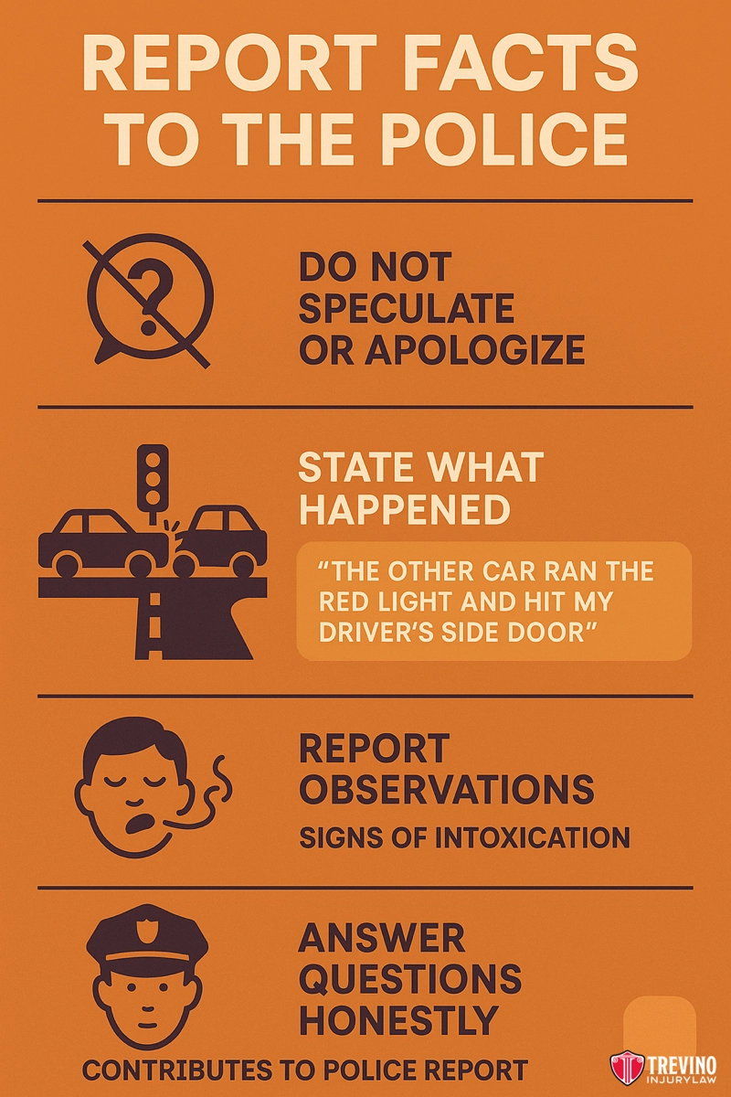 What Should I Say to the Police Officer?. Infographic titled "Report Facts to the Police" guides San Antonio residents on what to do after a drunk driving accident: don't speculate, state facts, share observations like intoxication, and answer all questions honestly.