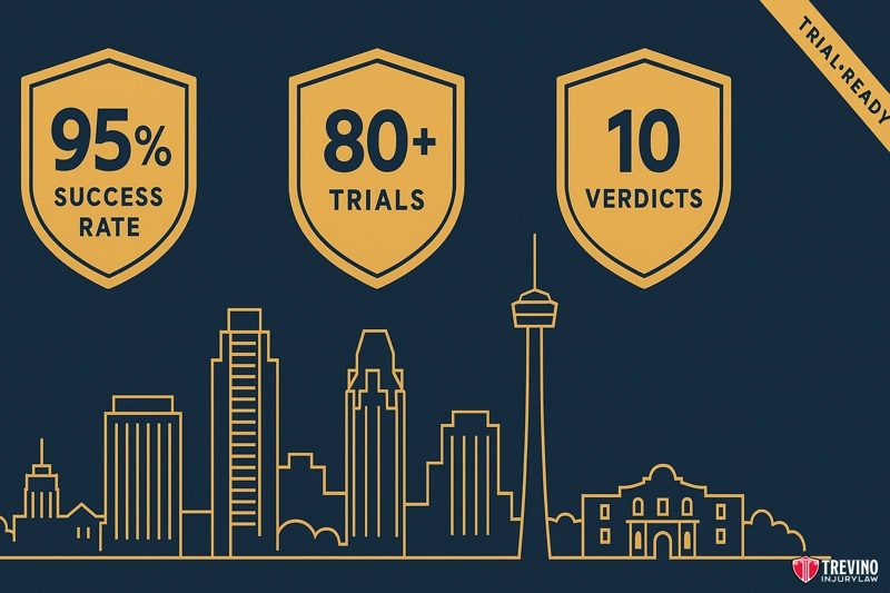 Our Proof: As Trial-Ready Texas Drunk Driving Accident Lawyers, We Win Against These Tactics. A graphic with a yellow outline of a San Antonio city skyline and historic building on a dark blue background. Three shield icons display: "95% Success Rate," "80+ Trials," and "10 Verdicts." “Trial-Ready” banner top right; Trevino Injury Law logo bottom right.