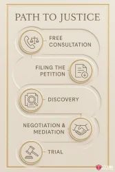 What is the legal process for suing a bar in Bexar County?. A graphic titled "Path to Justice" illustrates five steps in a San Antonio Dram Shop Lawyer case: Free Consultation (phone with scales), Filing the Petition, Discovery, Negotiation & Mediation, and Trial. Gold icons and text appear on a cream background.