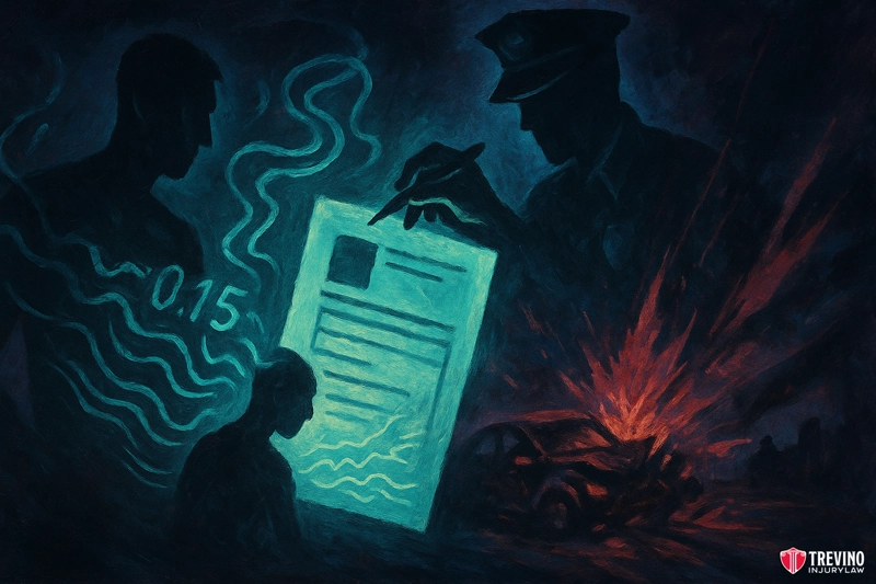 What Evidence Is in a Police Report for a DWI Crash?. A dark, moody illustration shows a glowing document between shadowy figures: a police officer writes, a person’s silhouette marked “0.15” hints at an intoxicated patron, and another sits head bowed. In the background, a fiery car crash and "Trevino Injury Law San Antonio" logo appear.