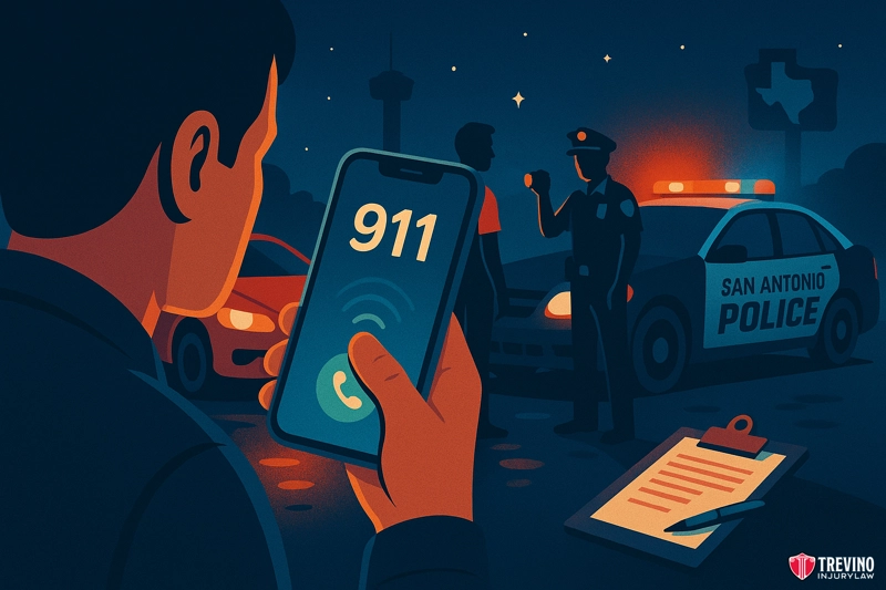 Step 1: Call 911 to Report the Crash and the Driver. An illustrated scene shows a person holding a phone with “911” displayed on the screen. In the background, a San Antonio police car with flashing lights sits near a clipboard, as an officer speaks to another person after a drunk driving accident.