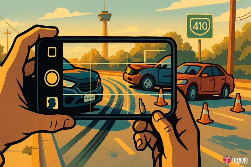 Step 2: Photograph and Video Everything at the Scene. A person’s hands hold a phone, collecting evidence of a two-car accident on a street with traffic cones. A highway 410 sign and tower appear in the background, referencing San Antonio. The style is colorful and illustrated, with soft shadows and clear details.