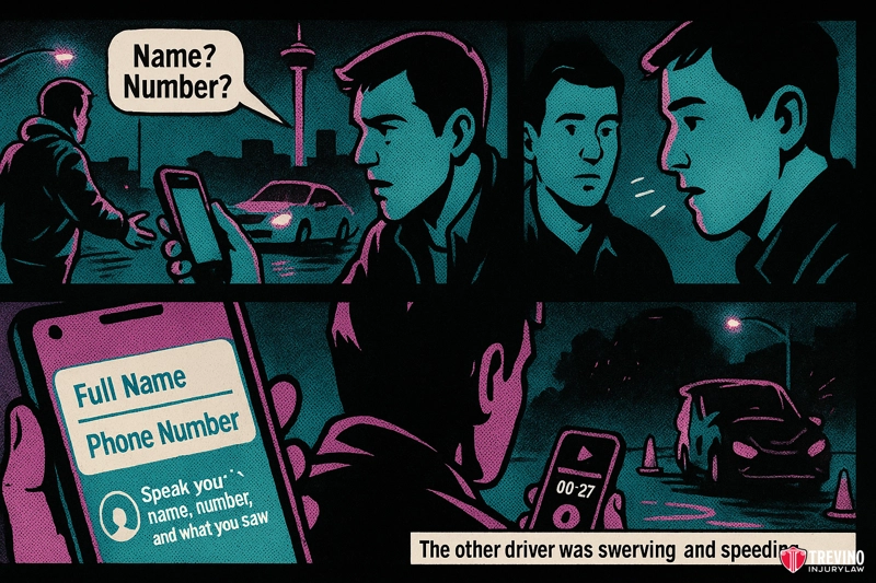 Step 3: Get Information from All Witnesses. A comic-style illustration shows two men at night after a San Antonio car accident. One asks for the other's name and number. A phone displays an entry screen. Text reads, “The other driver was swerving and speeding—collecting evidence is key.”.
