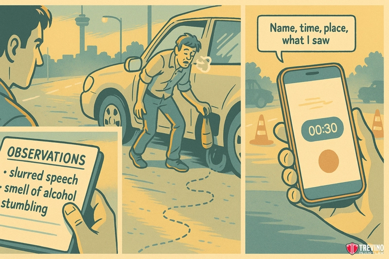 Step 4: Document the Drunk Driver's Behavior. A cartoon shows a man with a bottle, stumbling and leaving a wavy trail near a car—hinting at drunk driving. Nearby, notes list “slurred speech, smell of alcohol.” Another panel shows someone recording details in case of a car accident in San Antonio.